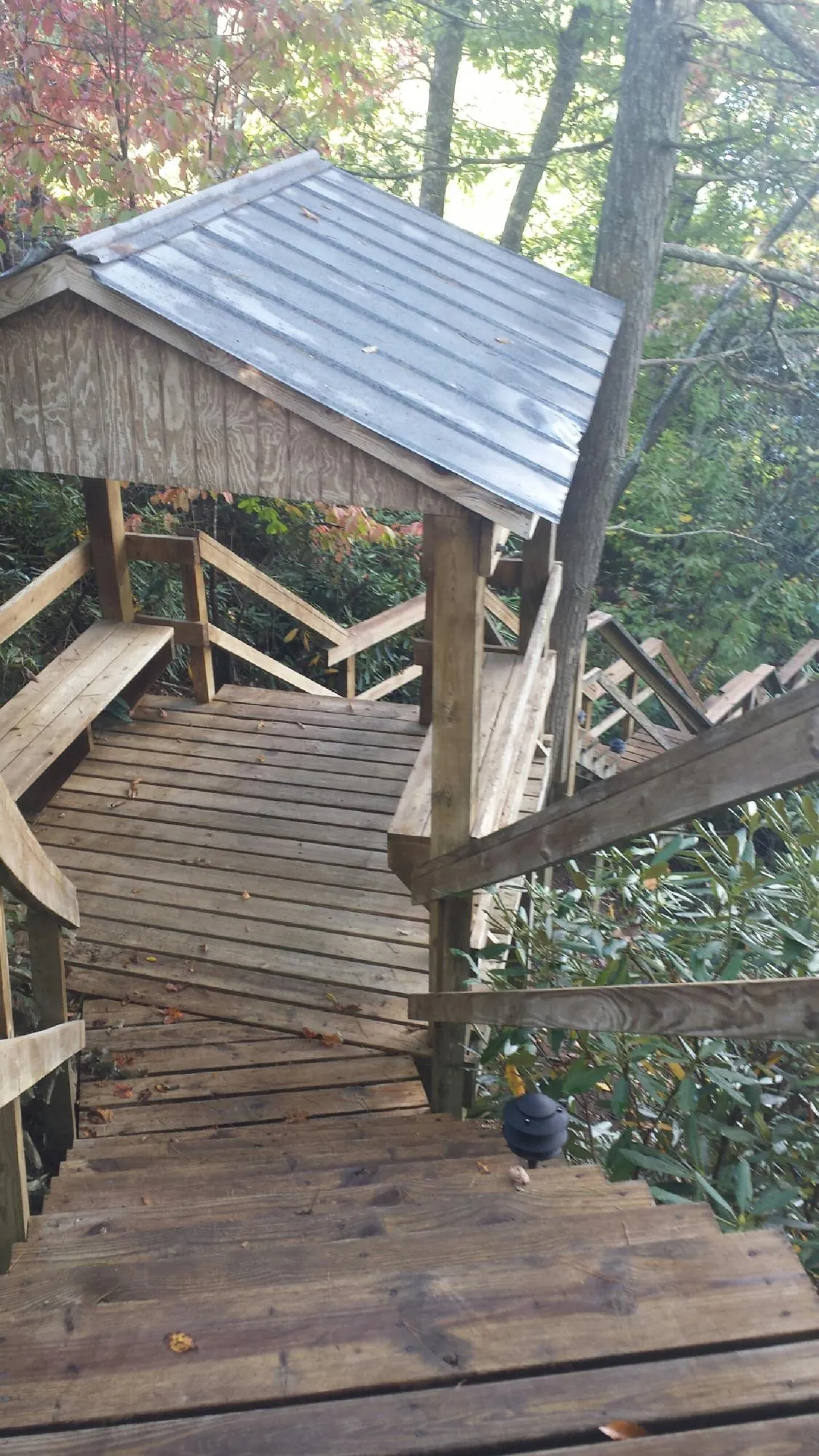 Metal roofed shelter over wooden steps on a wooded walkway — Skylight Repair & Installation work by our crew in Etoile